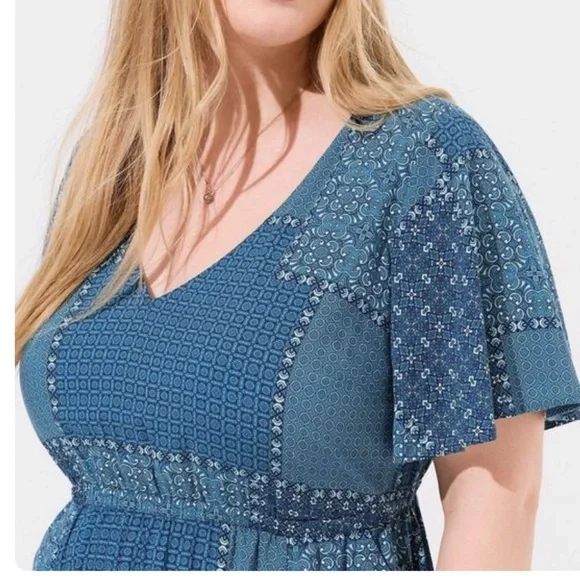 Torrid Blue Patchwork Short Sleeve Pockets Challis Flare Dress Size 1X - Picture 2 of 10